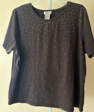 Women Chocolate Brown Rhinestone T Shirt Talbots Plus 2X Stretch Sparkle Casual